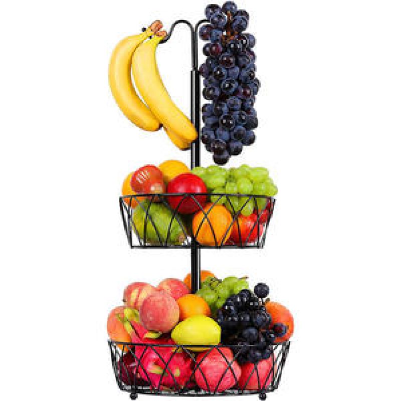 Tier Fruit Basket Bowl with Banana Hanger for Kitchen Countertop