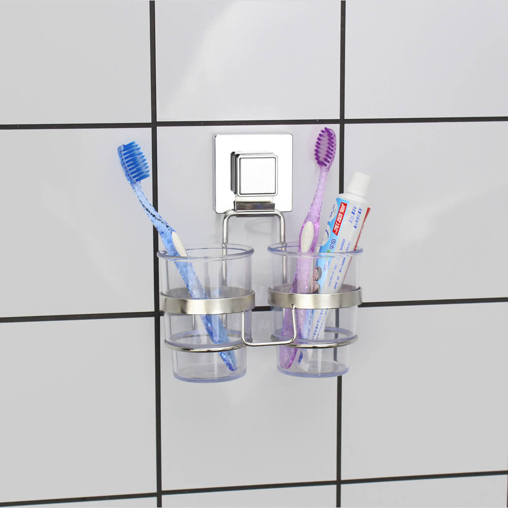 Red Warning Suction Cup Double Toothbrush Holder 