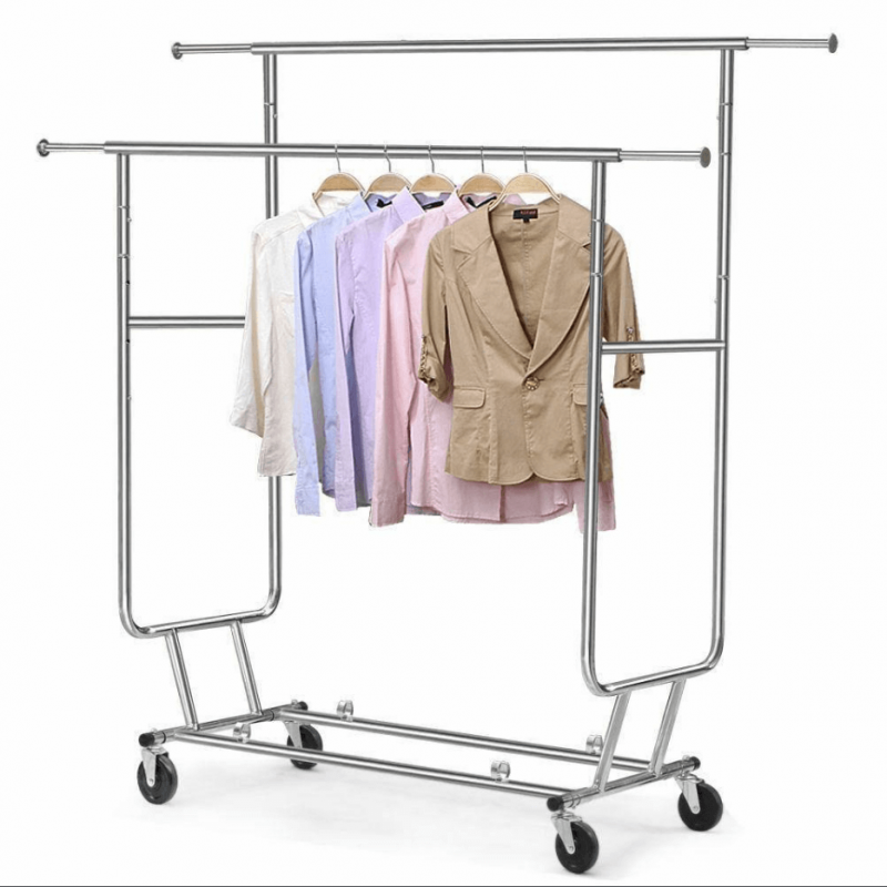 Stainless Steel Double Clothes Rack with Wheels