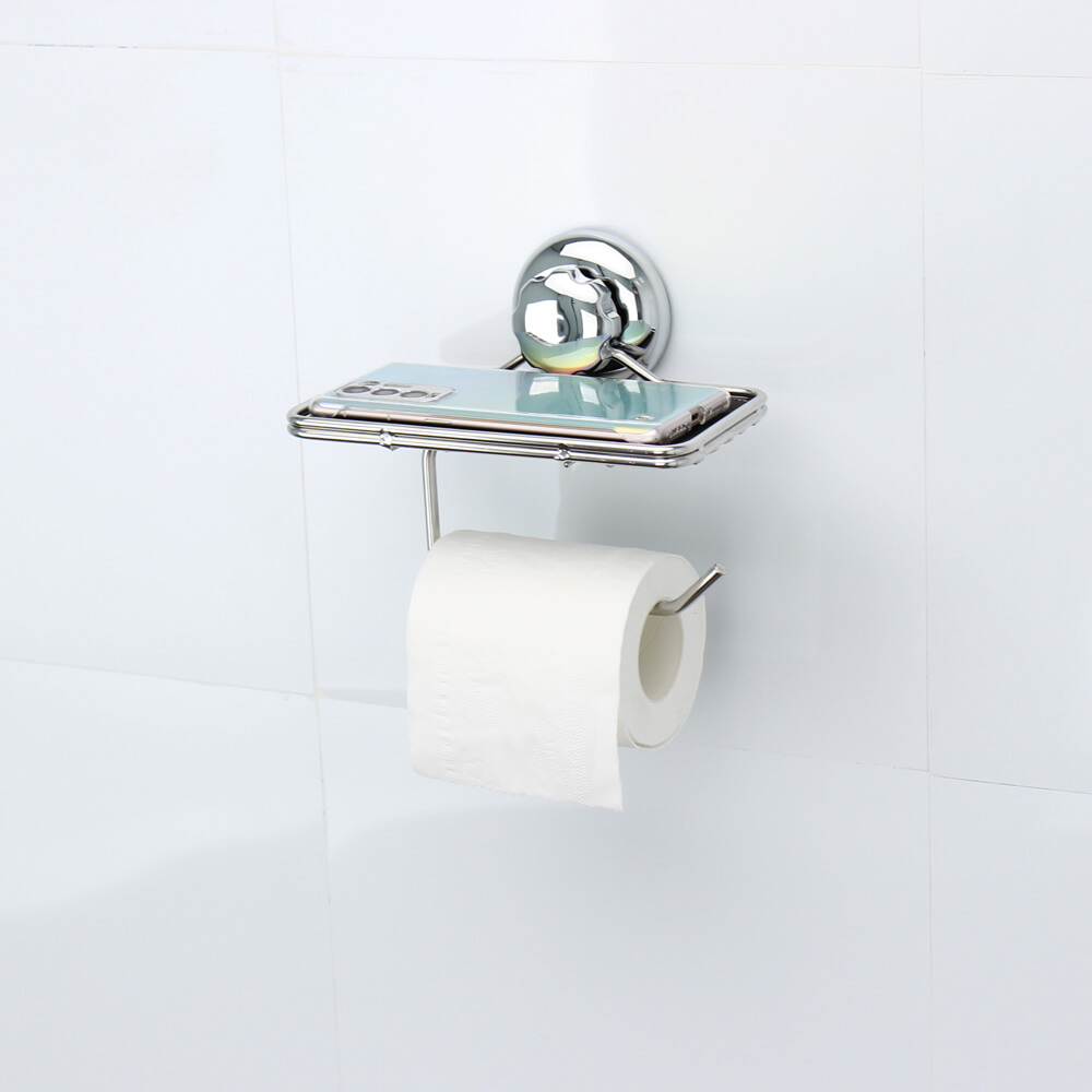 Stainless Steel Suction Cup Toilet Paper Holder with Phone Holder